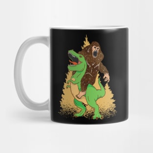 Bigfoot riding T-Rex Dinosaur funny graphic, believe in Sasquatch camping lover cartoon, Men Women Mug